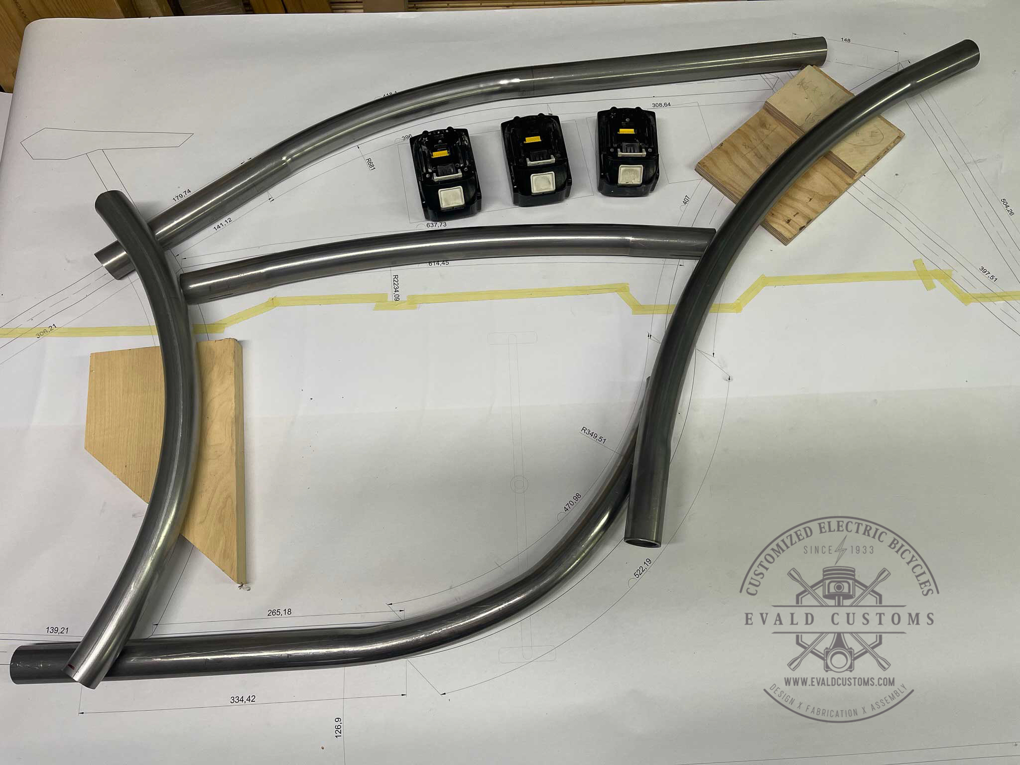 Bicycle frame components on a technical drawing